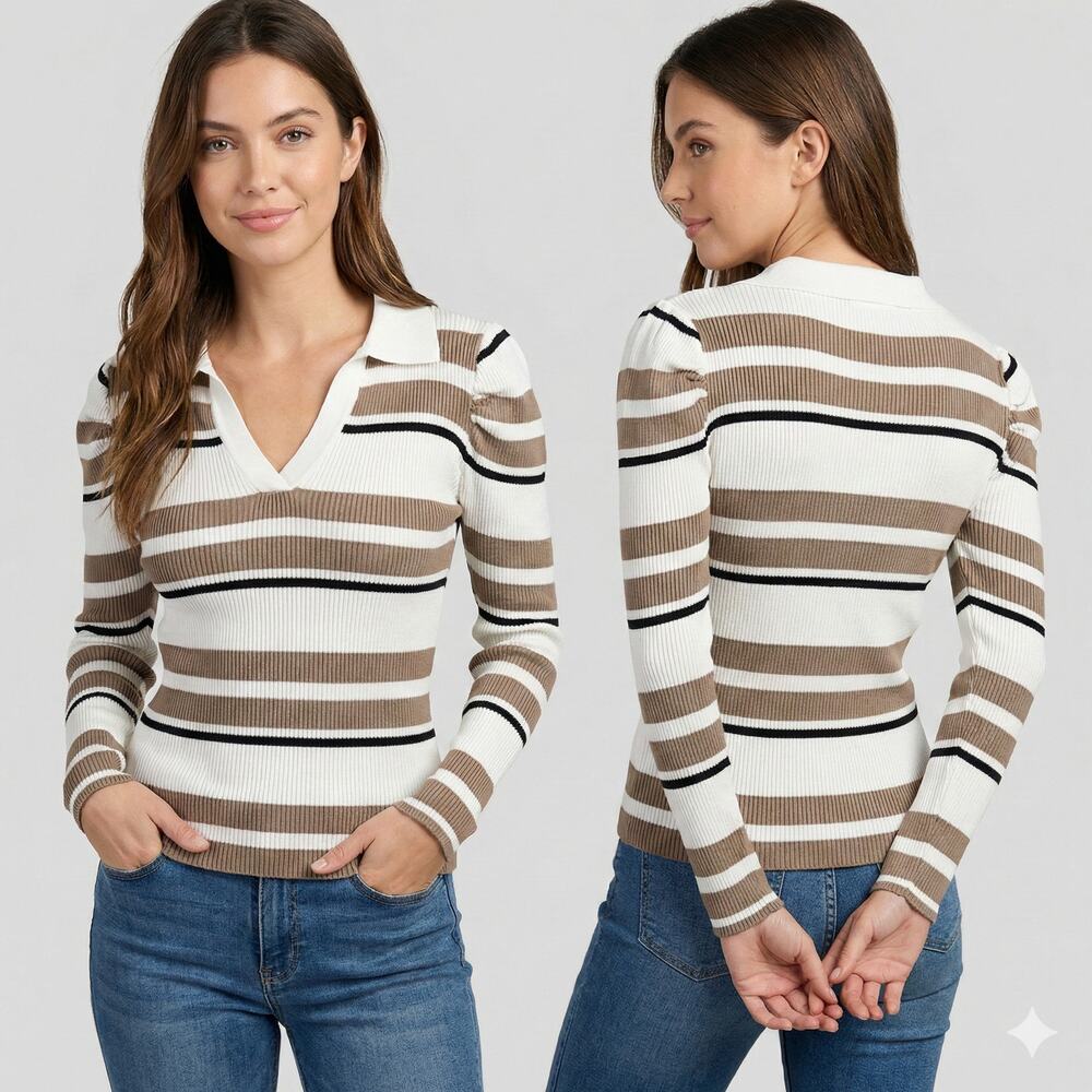 No Boundaries Juniors Large 11-13 V Neck Collar Striped Puff Sleeve Sweater